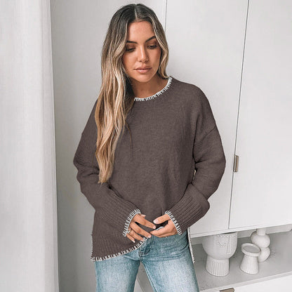 Damen Strickpullover Lässig Rippdetails Beige