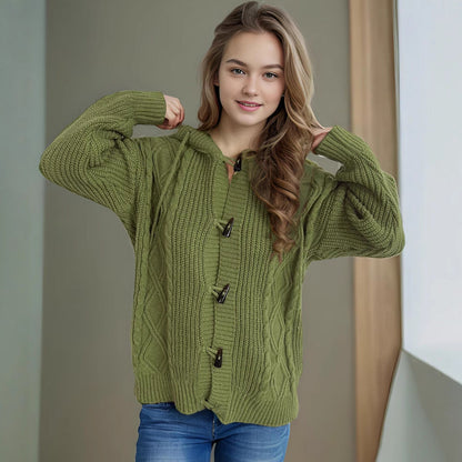 Damen Grobstrick Cardigan mit Zopfmuster und Kapuze Beige