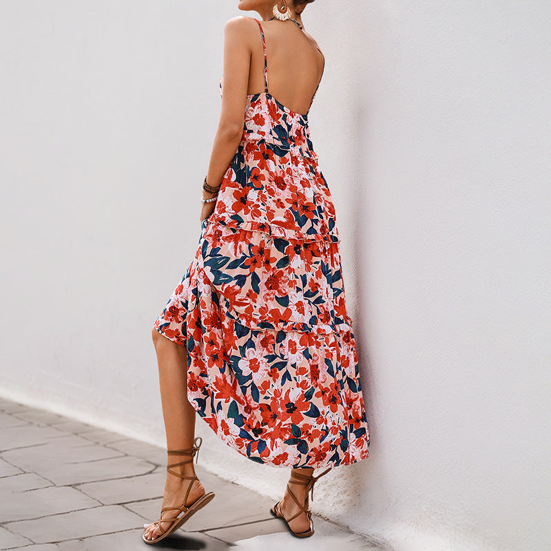 Damen Maxikleid Florale Rüschen Spaghettiträger Eveloria