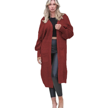 Damen Cardigan Grobstrick Offene Taschen Lässig Beige