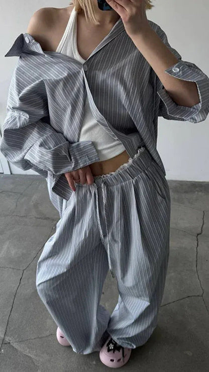 Damen Zweiteiler-Set Weite Hosen Streifenhemd