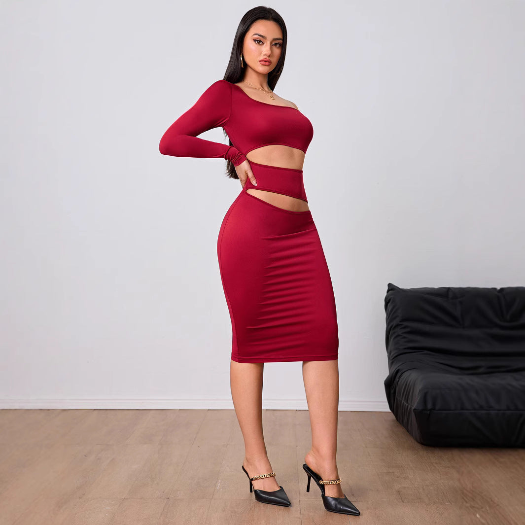 Damen Midi-Kleid mit Cut-Out-Details Asymmetrisch Langärmlig