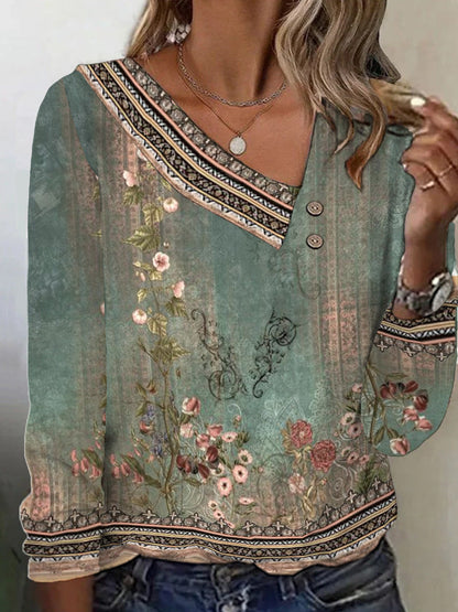 Damen Bluse Floralmuster V-Ausschnitt Eveloria