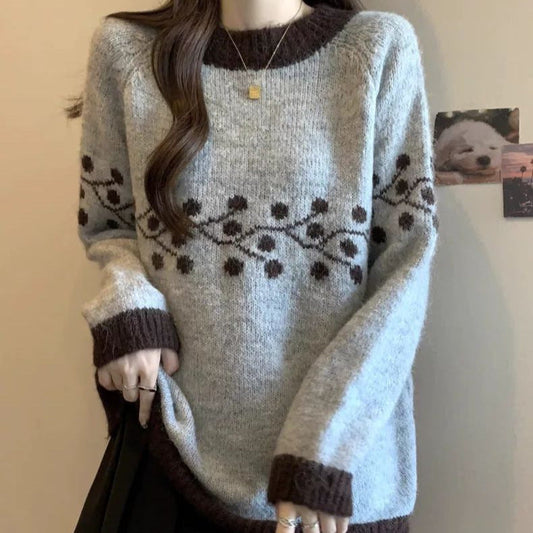 Damen Strickpullover Weich Floralmuster Kontrastspitzen - Eveloria