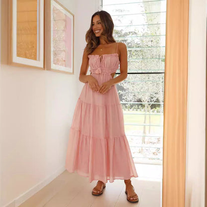 Damen Maxi-Kleid Raffung Spitze Beige