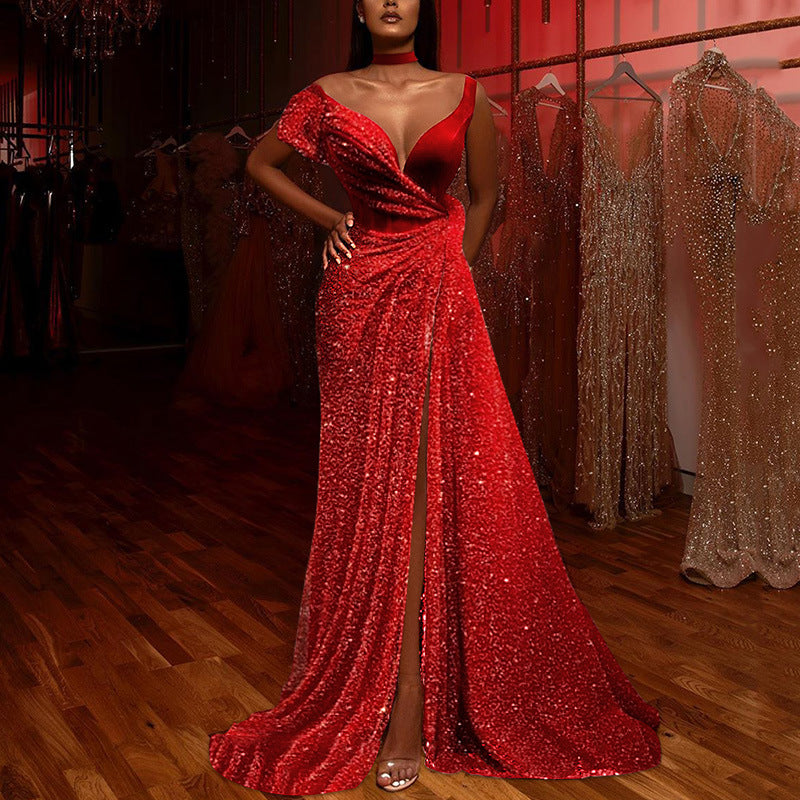 Damen Abendkleid mit Pailletten und hohem Schlitz Eveloria - Eveloria