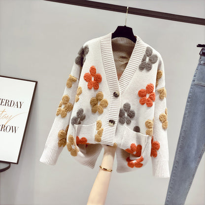 Damen Strickjacke Floralmuster Offen Vorne Eveloria