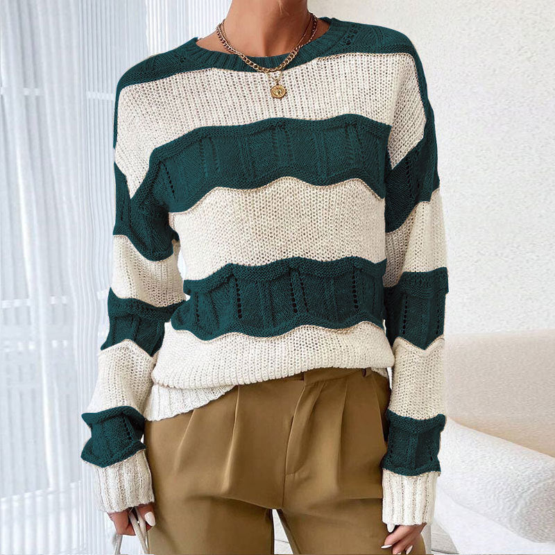 Damen Strickpullover Lässig Wellenmuster Langer Ärmel Beige