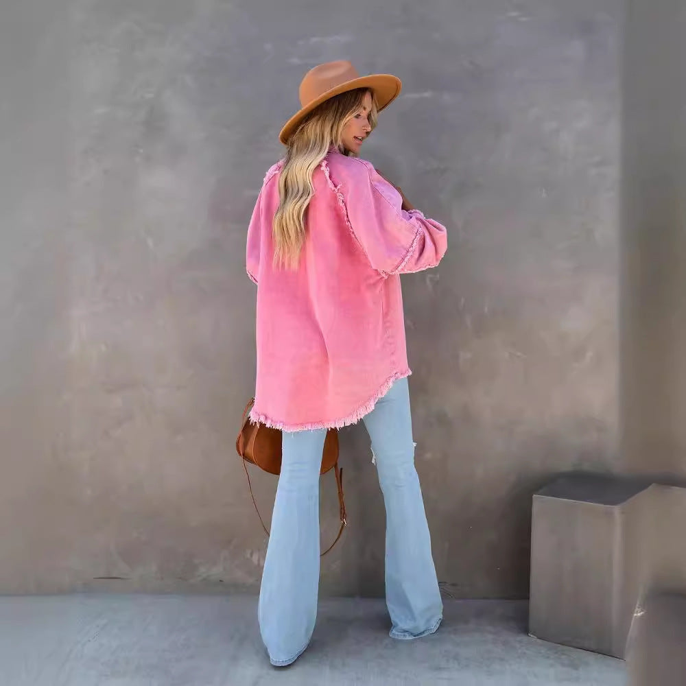 Damen Oversized Denim-Hemd mit Fransen