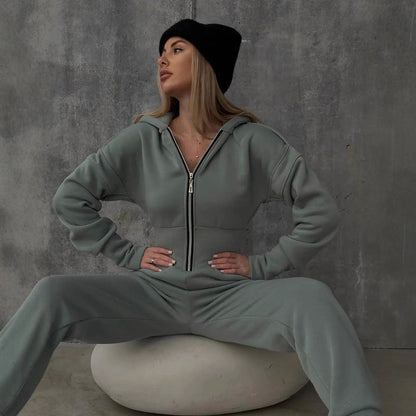 Damen Sportlicher Jumpsuit Reißverschluss Hochkragen Schwarz Eveloria - Eveloria