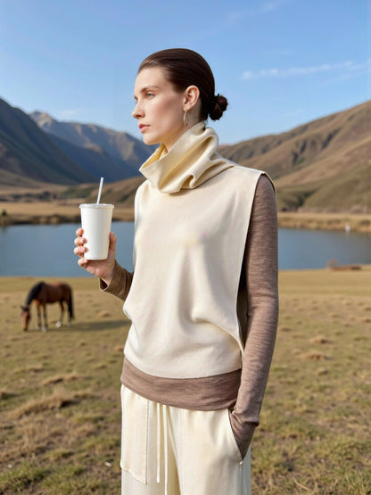 Damen Strickpullover Hohem Kragen Weite Ärmel Beige