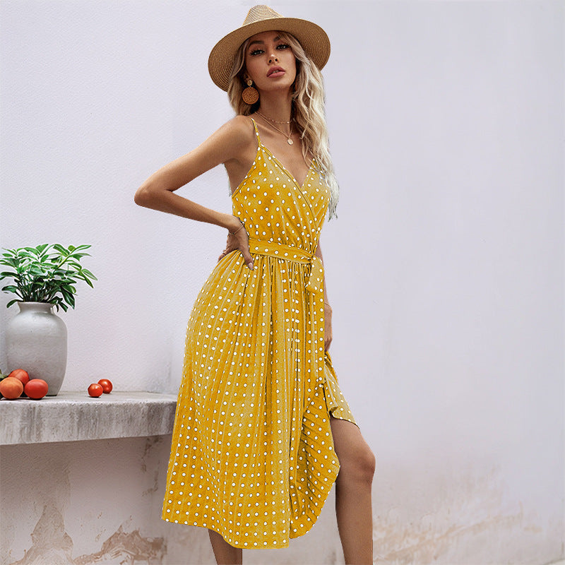 Damen Midikleid Taillengürtel Polka Dot Muster
