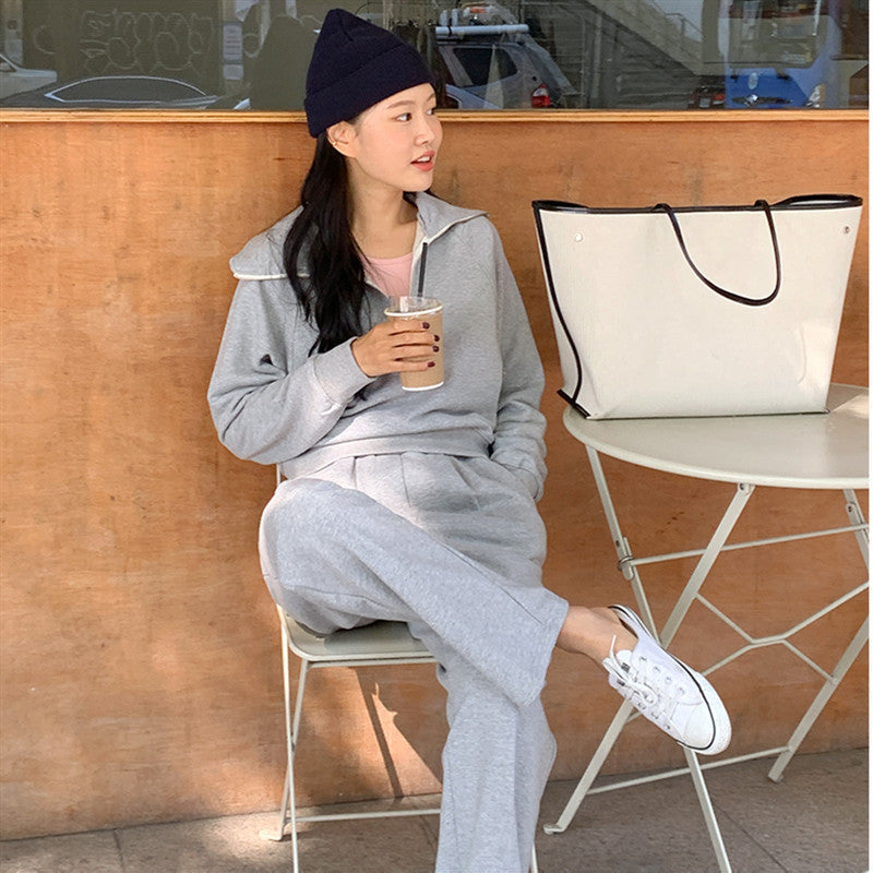 Damen Sport-Zweiteiler Set Lässiger Kragen Weite Hose Eveloria