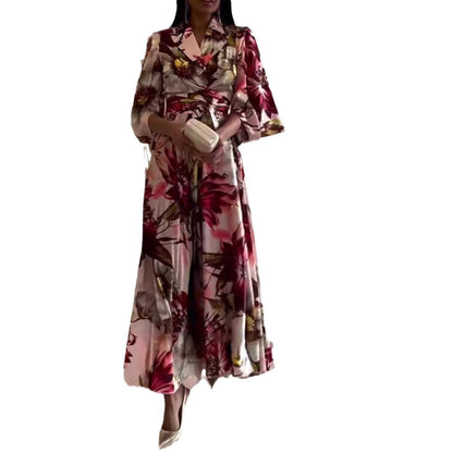 Damen Blumenkleid Tailliert Gürtel Weite Ärmel Eveloria