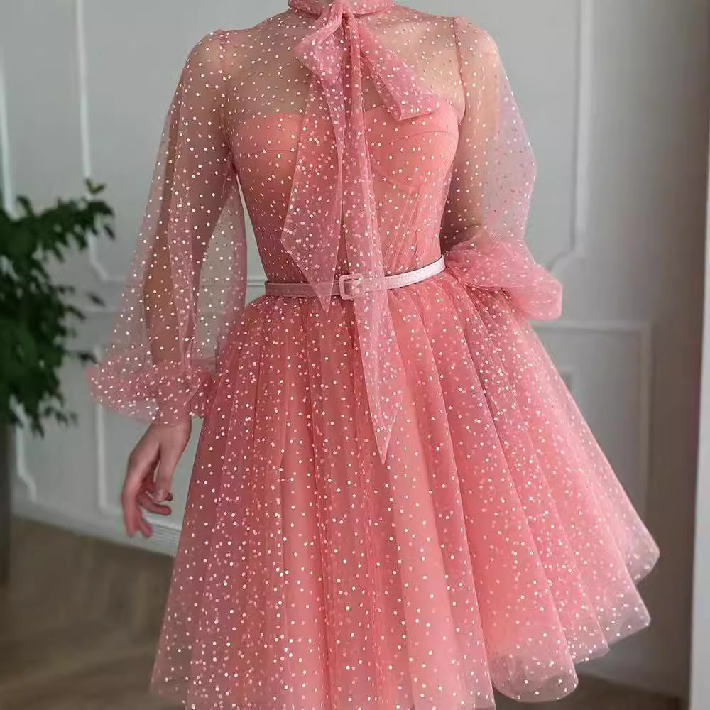 Damen Tüllkleid mit Puffärmeln und Schleifenakzent