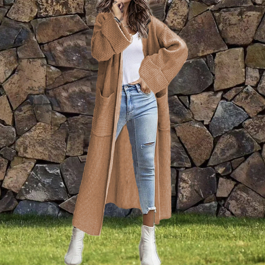 Damen Strickmantel Grobstrick Lässiger Schnitt Tiefen Taschen Beige