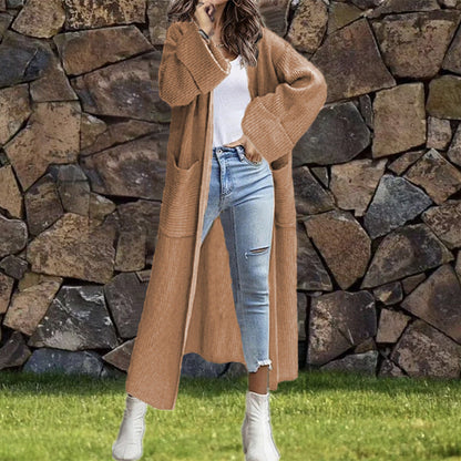 Damen Strickmantel Grobstrick Lässiger Schnitt Tiefen Taschen Beige