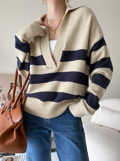 Damen Strickpullover V-Ausschnitt Streifen
