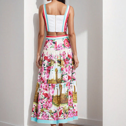 Damen Zweiteiler Romantisch Cropped-Oberteil Schwingender Rock