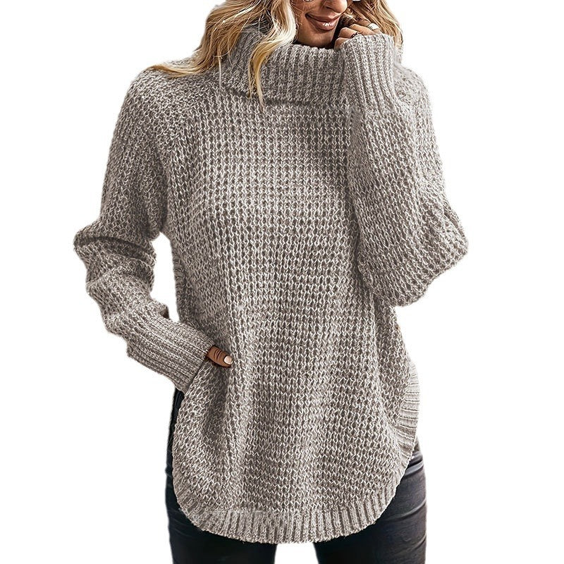 Damen Grobstrickpullover Hochkragen Mit Taschen Beige