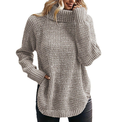Damen Grobstrickpullover Hochkragen Mit Taschen Beige