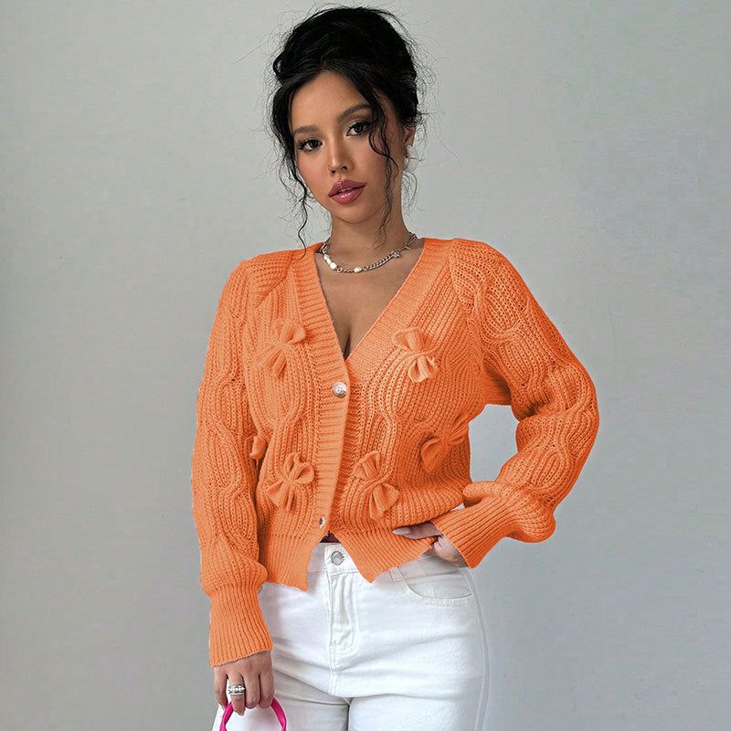 Damen Strickjacke Florales Reliefdesign Knöpfe Beige