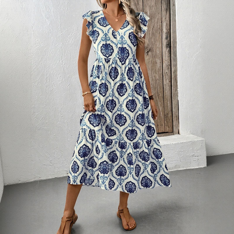 Damen Maxikleid Volantärmel Floralmuster Eveloria