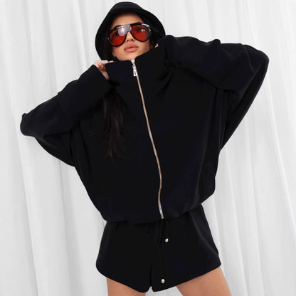 Damen Oversize Kapuzenjacke Shorts Set Reißverschluss Eveloria