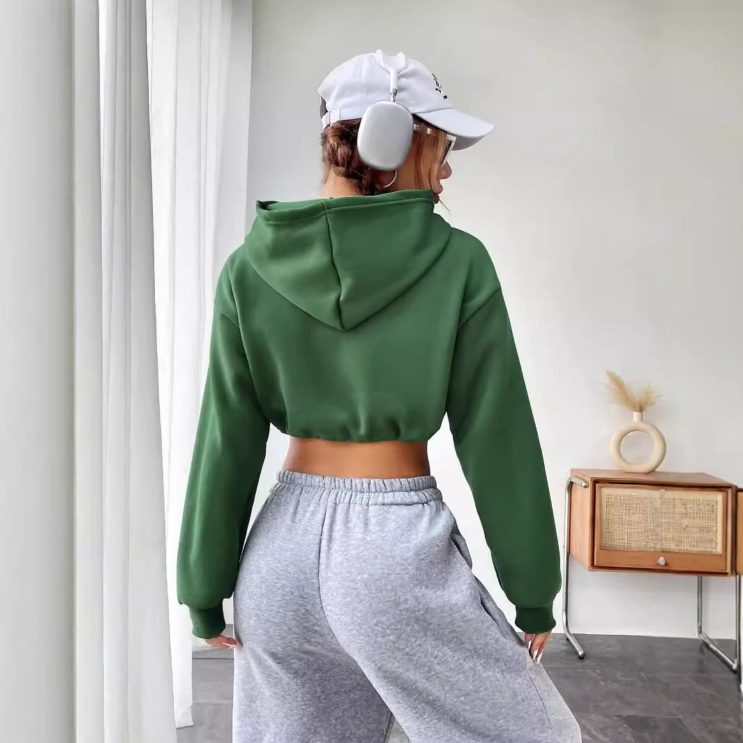 Damen Cropped Hoodie Gestickter Schriftzug Kordelzug Eveloria