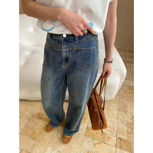 Damen High-Waist Jeans Weites Bein Baumwolle Bequem Blau - Eveloria