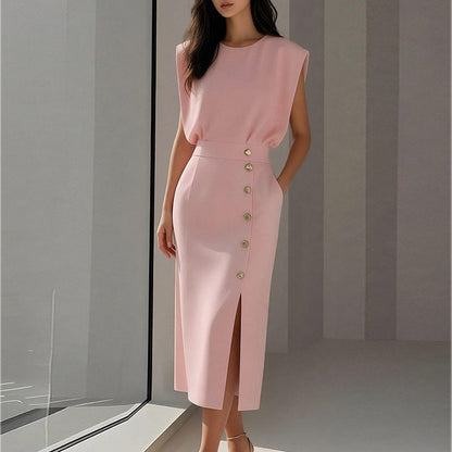 Damen Elegantes Midi-Kleid Knöpfe Seitenschlitz Schwarz Eveloria - Eveloria