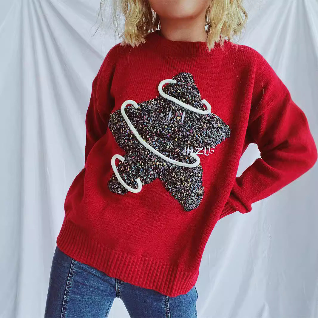 Damen Strickpullover Glitzerndes Sternenmotiv Locker