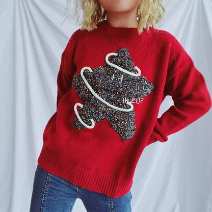 Damen Strickpullover Glitzerndes Sternenmotiv Locker