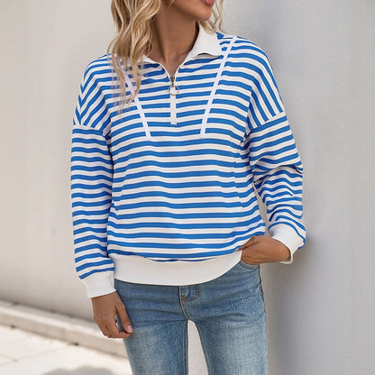 Damen Sweatshirt Gestreift Kapuze Sportkragen Grau