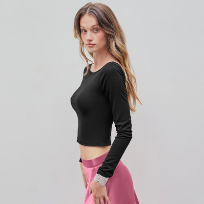 Damen Crop- Langärmlig Rundhalsausschnitt Elegant
