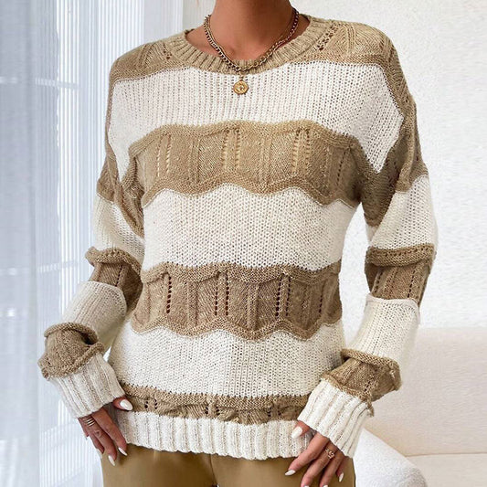 Damen Strickpullover Lässig Wellenmuster Langer Ärmel Beige - Eveloria