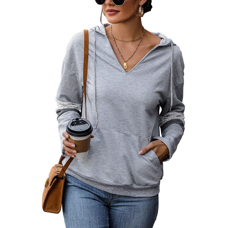 Damen Hoodie V-Ausschnitt Kontrastdetails Grau Eveloria