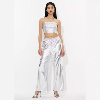 Damen Cargo-Hosen Metallic-Look Elastischer Bund Glänzend