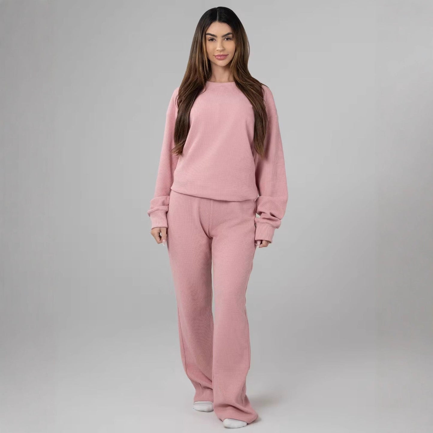 Damen Sweatshirt Waffelmuster Bequem Grau Eveloria