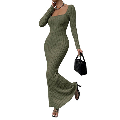 Damen Langarm Maxikleid Rippdesign Elegantes Kleid