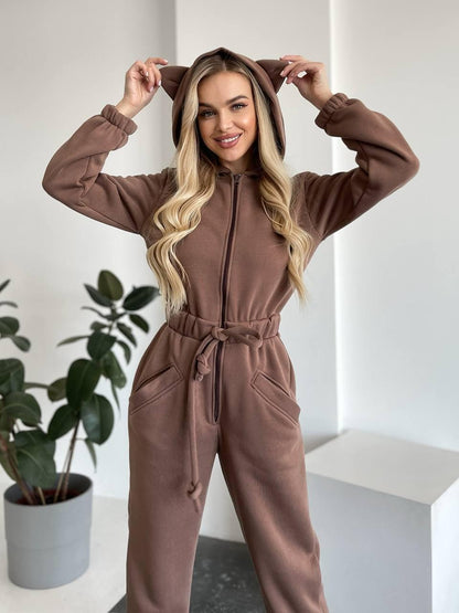 Damen Jumpsuit Kuschelig Känguru-Taschen Tierohren Grau