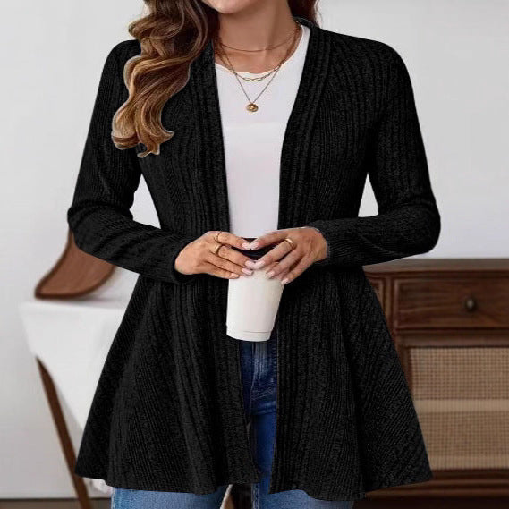 Damen Strickjacke Lang Rippdesign Tailliert Schwarz Eveloria - Eveloria