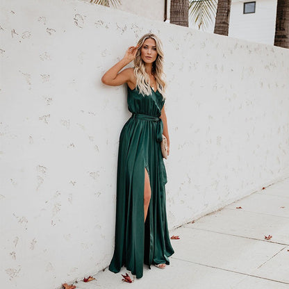Damen Maxikleid mit hoher Teilung und Taillengürtel Eveloria