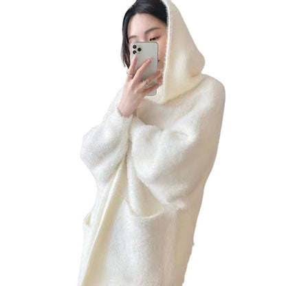 Damen Strickjacke Flauschig mit Taschen Lässig Beige