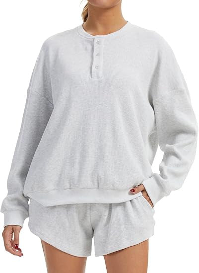 Damen Oversized Pullover Shorts Set Baumwolle Beige