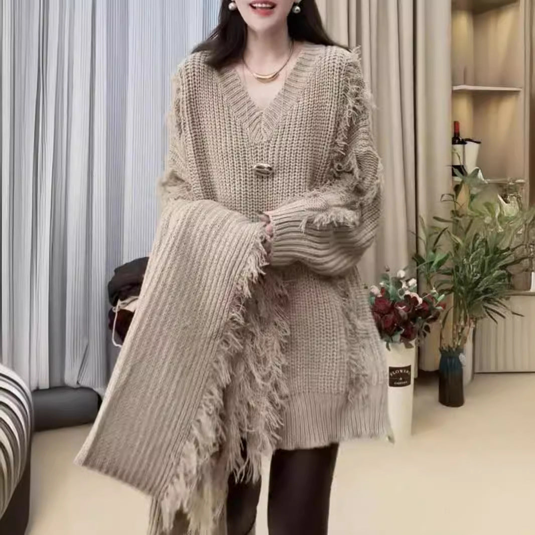Damen Grobstrickpullover V-Ausschnitt Französischer Look