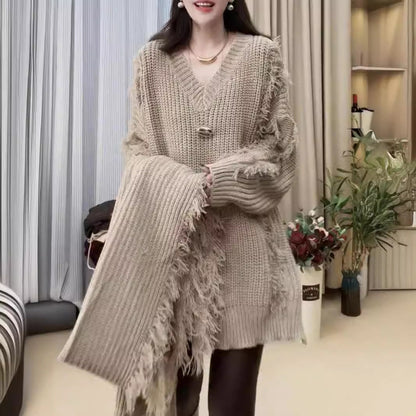 Damen Grobstrickpullover V-Ausschnitt Französischer Look