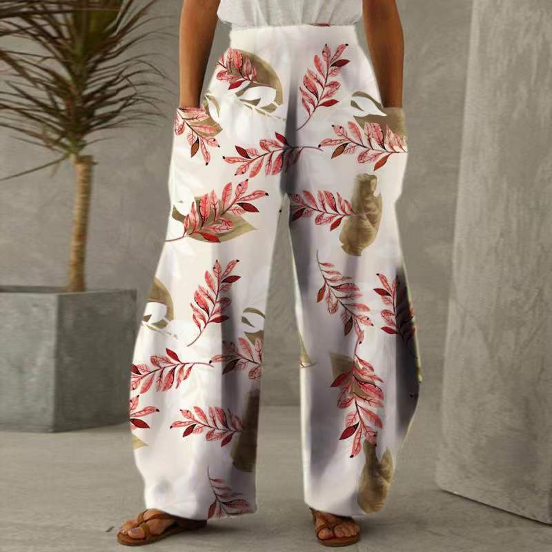 Damen Blumenhosen Weite mit Taschen Elastischer Bund
