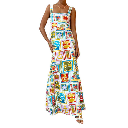 Damen Maxikleid mit buntem Print und schmalen Trägern Eveloria