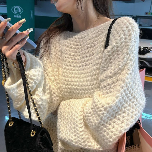 Damen Oversize Pullover Grobgestrickt Weitschnitt Beige - Eveloria